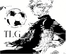 a black and white drawing of a man with a soccer ball and the word tlg on the bottom