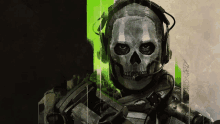 a soldier with a skull on his helmet has a microphone on his head