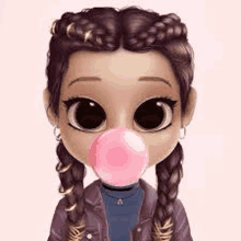 a cartoon girl with braids is blowing a pink bubble with bubblegum .