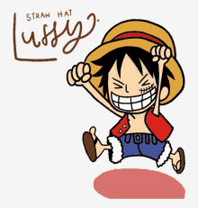 a drawing of luffy with the words straw hat luffy written below him