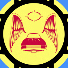 a yellow circle with red wings and a car in the center