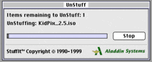 a screen that says stuffit copyright 1990-1999 with a stop button