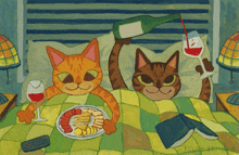 a painting of two cats laying in bed with a plate of food and glasses of wine by kelly pringle