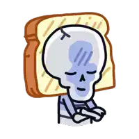 a cartoon drawing of a skeleton with a slice of bread on its head