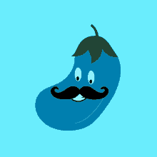 a cartoon illustration of an eggplant with a mustache on a blue background