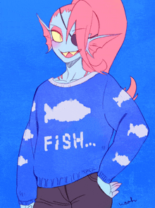 a drawing of a fish wearing a sweater that says fish on it