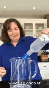 a woman pouring a bottle of water into a pitcher with the words what i am good at below her