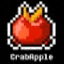 a pixel art image of a red apple with a yellow crown on top .