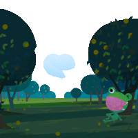 a frog with a pink mouth is standing in a field between two trees