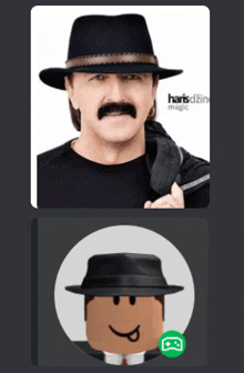 a picture of a man with a mustache wearing a hat is next to a picture of a man with a smiley face