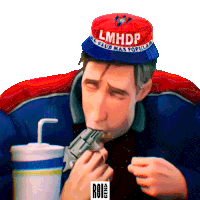 a man wearing a red and blue hat that says lmhdp