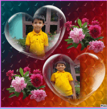 a boy in a yellow shirt is surrounded by flowers and bubbles in the shape of a heart