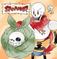 a cartoon drawing of papyrus holding a skeleton with a sign that says saaans