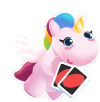 a pink unicorn with wings is holding two cards