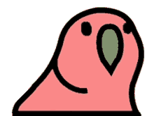 a cartoon drawing of a pink parrot with a green beak on a white background