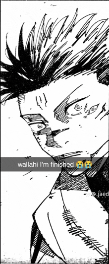 a black and white drawing of a man with a caption that says wallahi i 'm finished