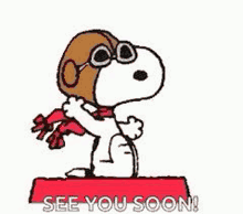 snoopy is wearing a pilot 's hat and goggles and saying `` see you soon ! ''