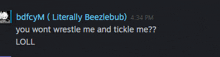 a screenshot of a discord conversation between bdfcym and beezlebub