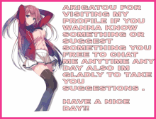 a picture of a girl with the words arigatou for visiting my profile if you wanna know something