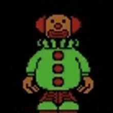 a pixel art of a clown wearing a green sweater and red pants .