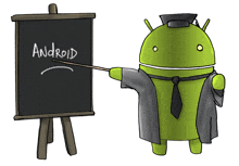 a cartoon of an android pointing at a chalkboard with the word android written on it