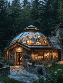 a house with a dome shaped glass roof is surrounded by trees