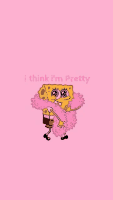 spongebob squarepants is wearing a pink feather boa on a pink background .