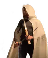 a man in a hooded cape holds a sword