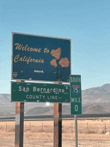 a billboard that says welcome to california and san bernardino county line