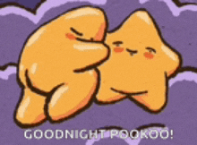 two cartoon stars are hugging each other with the words `` goodnight pookoo '' written below them .