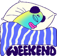 a cartoon of a person sleeping on a striped blanket with the word weekend above them