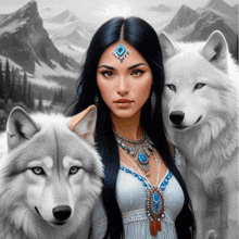 a woman in a white dress is standing with two wolves