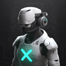 a robot wearing headphones has a green x on his chest