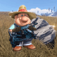 a cartoon character in a straw hat is holding a gun in a field