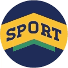 a blue and yellow circle with the word sport written on it