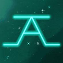 a neon letter a is surrounded by stars on a dark green background