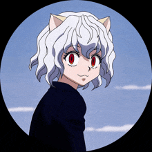 a girl with white hair and cat ears looks at the camera