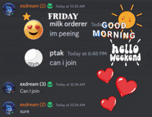 a screenshot of a discord chat with the words friday milk orderer im peeing