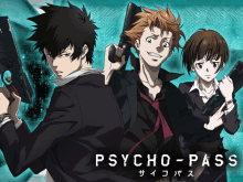 a poster for psycho-pass shows a man and two women