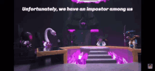 a video game scene with a caption that says " unfortunately we have an impostor among us "