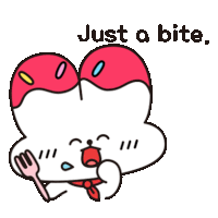 a cartoon character with a fork in its mouth and the words just a bite