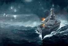 a painting of a battleship in the middle of the ocean at night