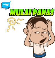 a cartoon of a man with his hands on his head with the words mulai panas above him