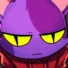 a purple cartoon character with yellow eyes and a scarf around his neck