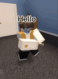 a cartoon character is standing in a room with the word hello written on it