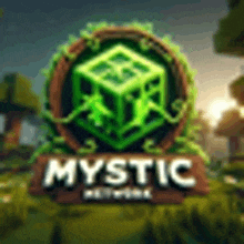 the logo for mystic minecraft is a green cube with a circle around it .