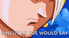 a close up of a person 's face with the words " bingus as joe would say " above it