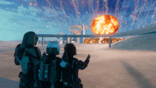 two soldiers are looking at a large explosion in the sky