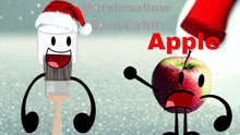 a marshmallow wearing a santa hat next to an apple with the word apple in red