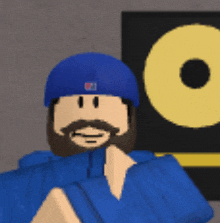 a man with a beard wearing a blue hat and a blue jacket is standing in front of a yellow circle